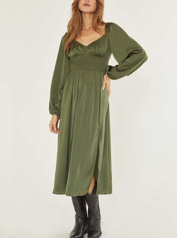Crescent Long Sleeve Satin Dress - Olive | Garmentory