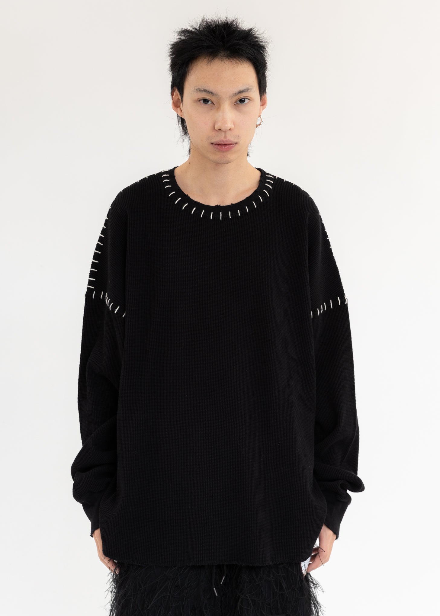 Discovered Damage Waffle Cut Long Sleeves - Black | Garmentory