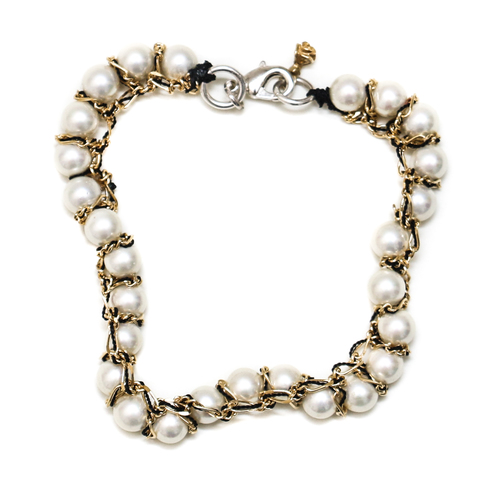 Alyssa Norton Crocheted Pearl Bracelet with Black Thread and Gold Chains Alyssa Norton Crocheted Pearl Bracelet with Black Thread and Gold Chains