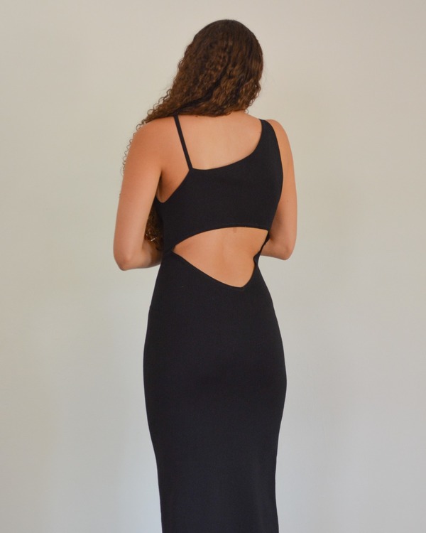 white christmas dresses Cut Out Back Crisscross Waist Asymmetrical Hem Midi Dress, Black / Xs