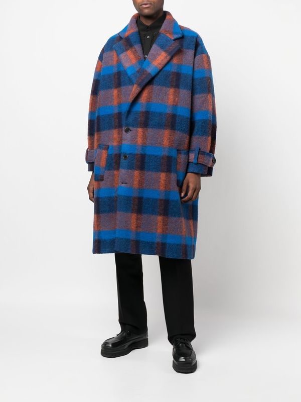 HENRIK VIBSKOV ピーコート ウールジャケット チェック ネイビー Henrik Vibskov Fisherman Long Coat - Blue/Orange Tiles | Garmentory