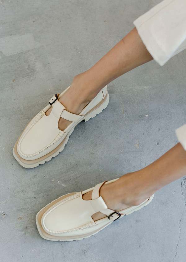 Hereu Alber Sport Monochrome Tread Sole T Bar Loafer - Custard