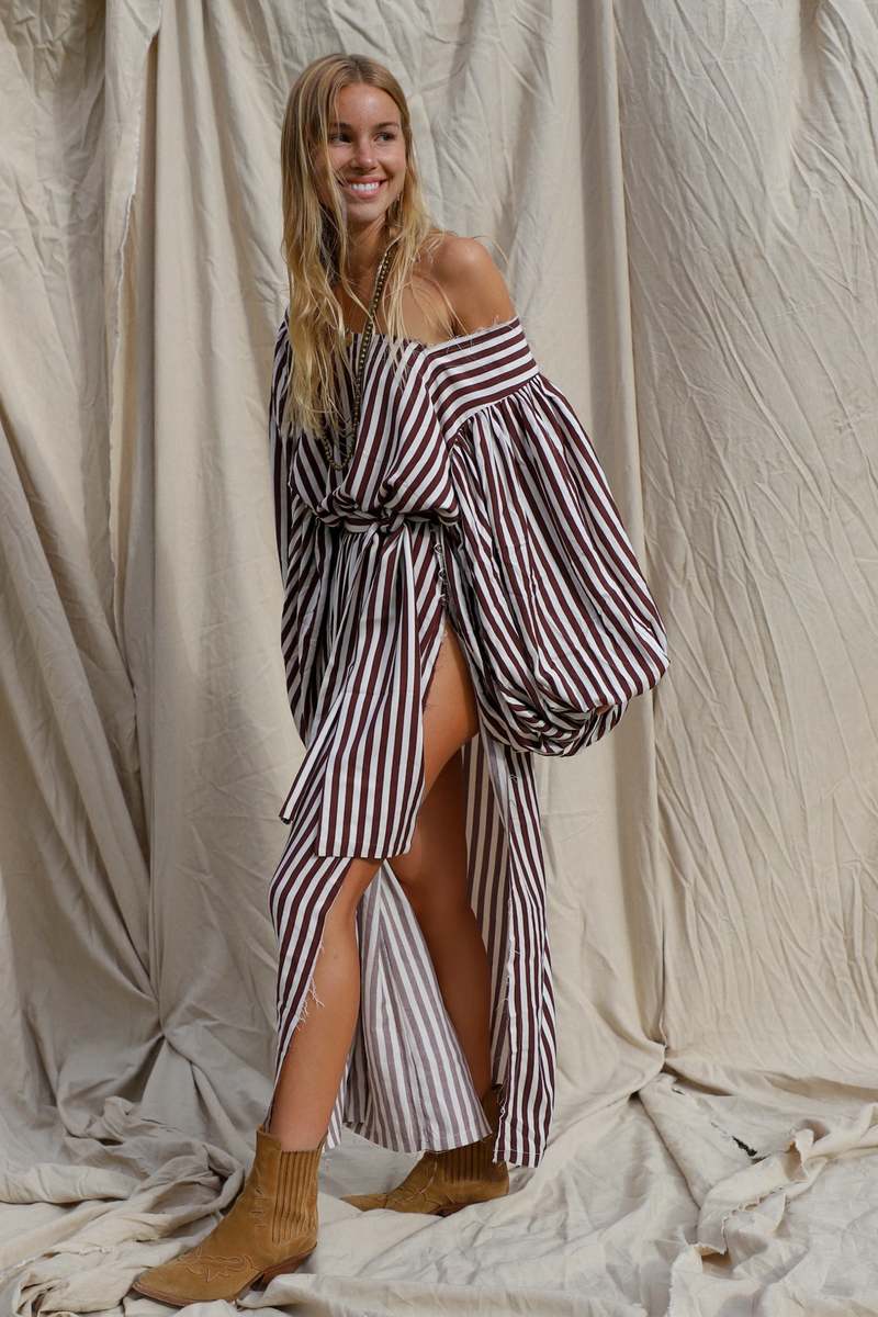 French Stripe Gossamer Dress- Brown/White Stripe | Garmentory