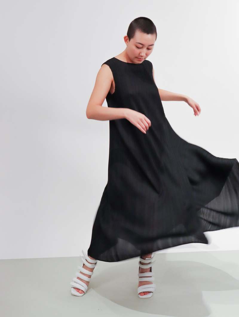 Pleats Please by Issey Miyake Diagonal Pleats Dress in Black  