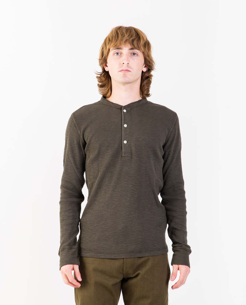 RRL Long Sleeve Waffle Knit Henley Shirt - DARK GREEN