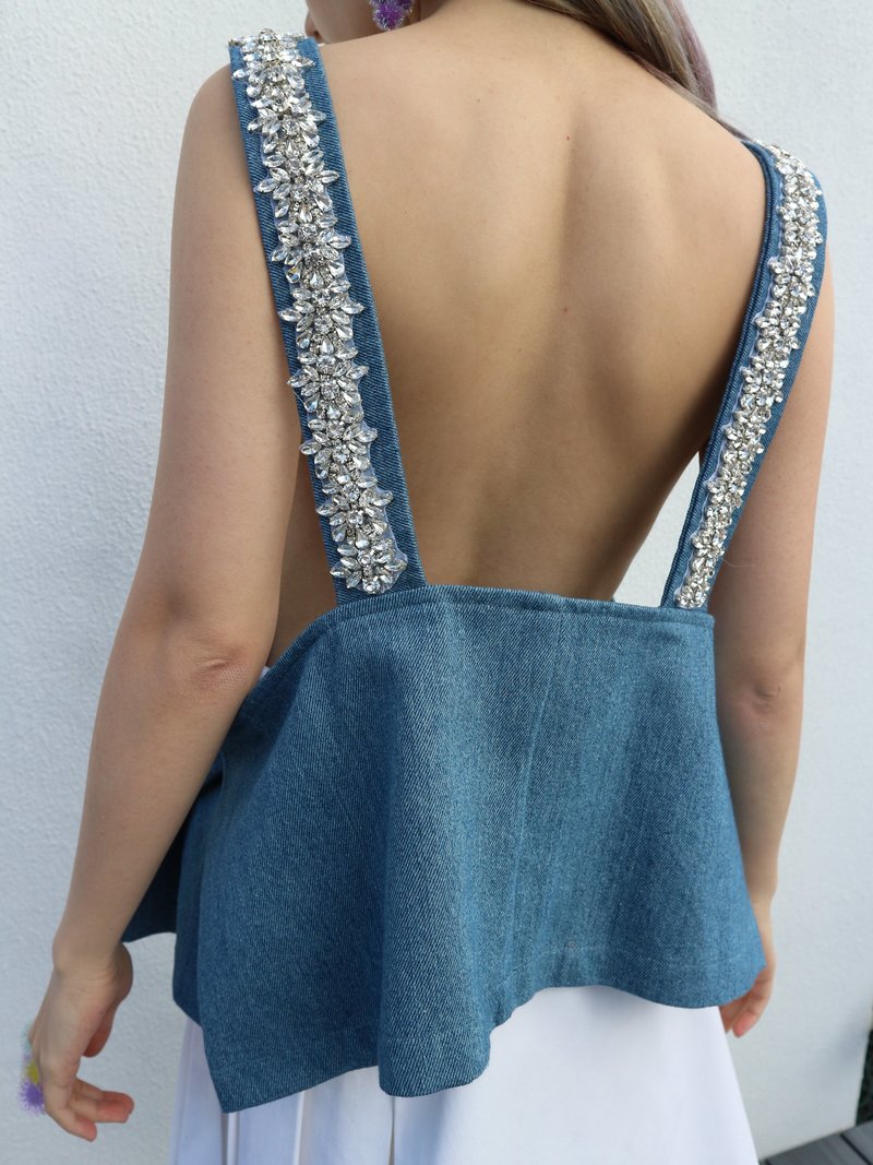 Collina Strada Rhinestone Overall Tank - Blue Denim