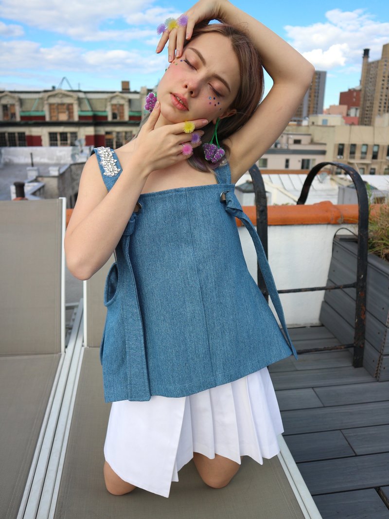 Collina Strada Rhinestone Overall Tank - Blue Denim