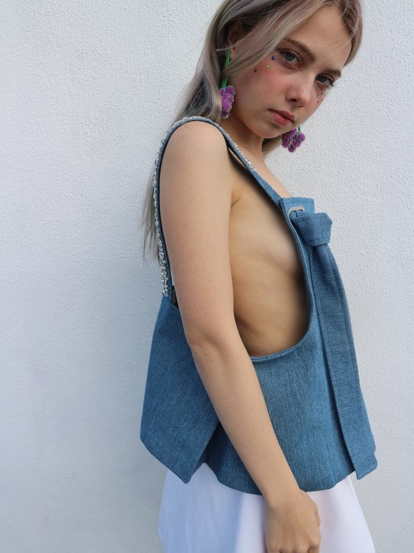 Collina Strada Rhinestone Overall Tank - Blue Denim Collina Strada Rhinestone Overall Tank - Blue Denim