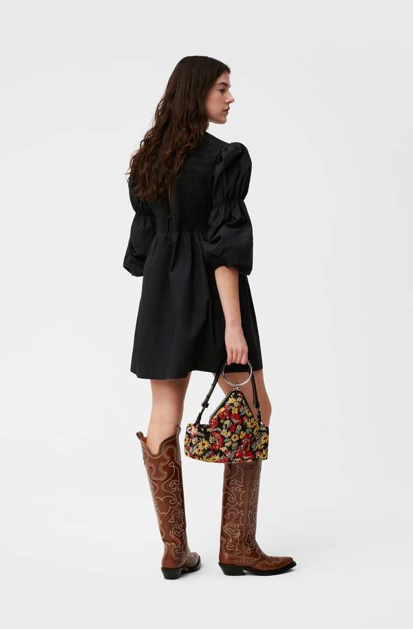 ganni cotton poplin mini smock dress GANNI Women's Cotton Poplin Open-Neck Smock Mini Dress in Black GANNI