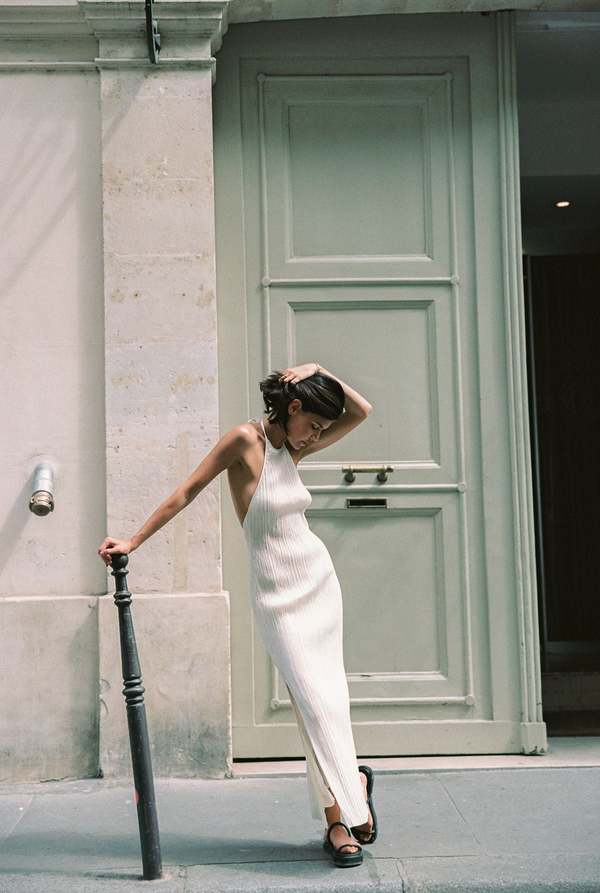 st agni pleated halter dress Suede Halter Plunge Dress