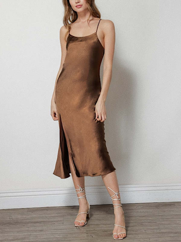 SATIN CORSET SLIP DRESS IN CHOCOLATE main image 1