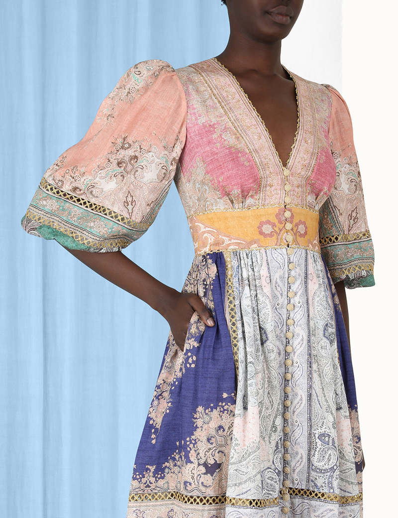 knee length dresses for ladies Zimmermann Anneke Spliced Lantern Mini Indigo Paisley