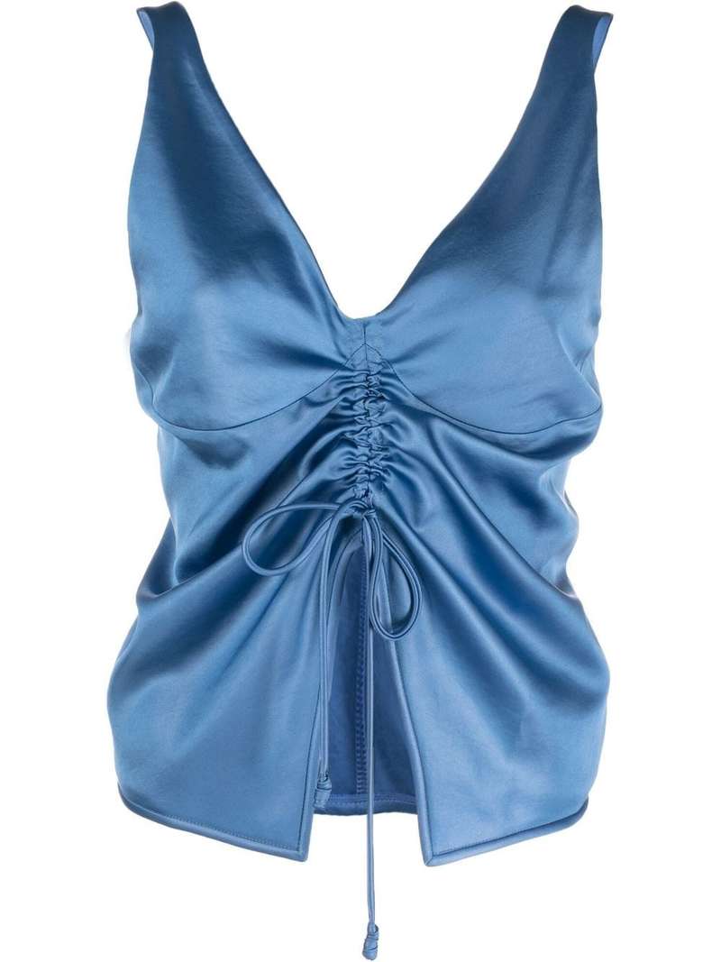 Nanushka Klara Glossy Satin Tie-Front Top - Blue | Garmentory