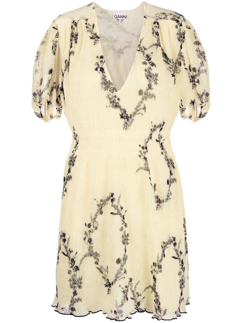 Ganni Pleated Georgette Dress - Floral Shadow Flan | Garmentory