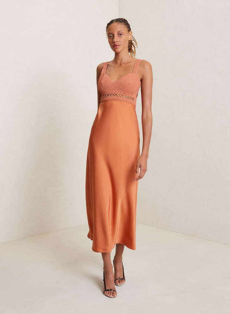 open lace back dress Orange Satin Midi Dress