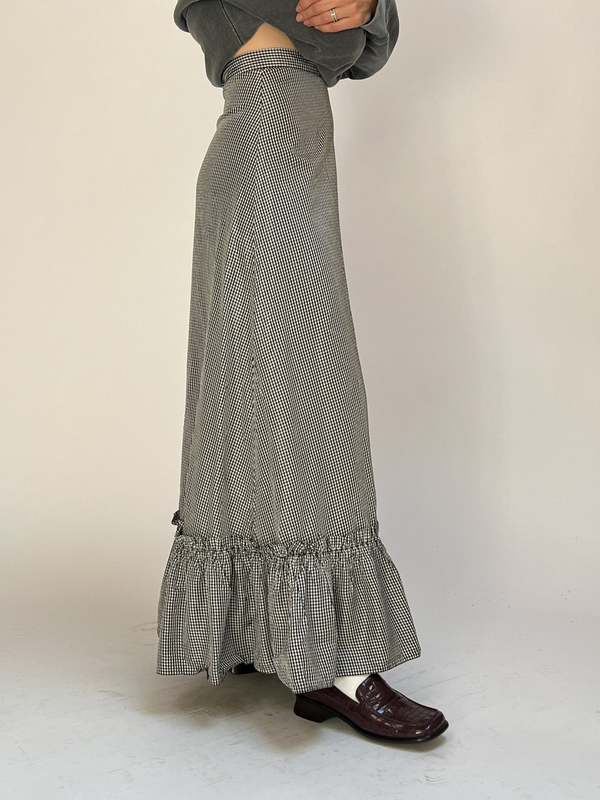 Gingham Flared Maxi Skirt With Curved Yoke