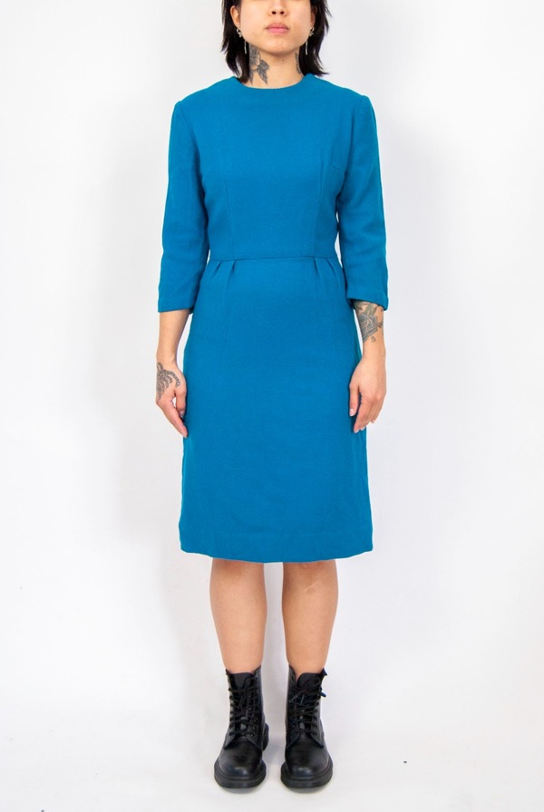 60s/70s wool teal blue tailored dress | Garmentory