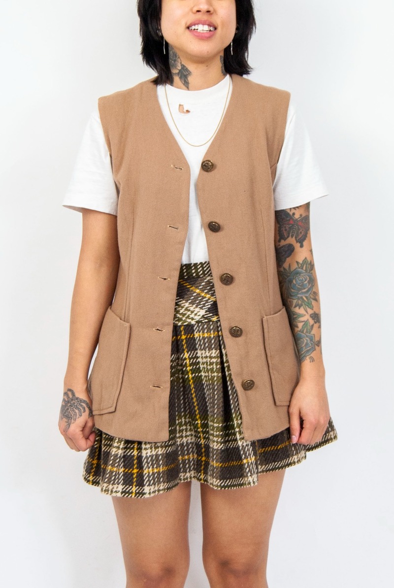 70s wool beige vest and plaid skirt