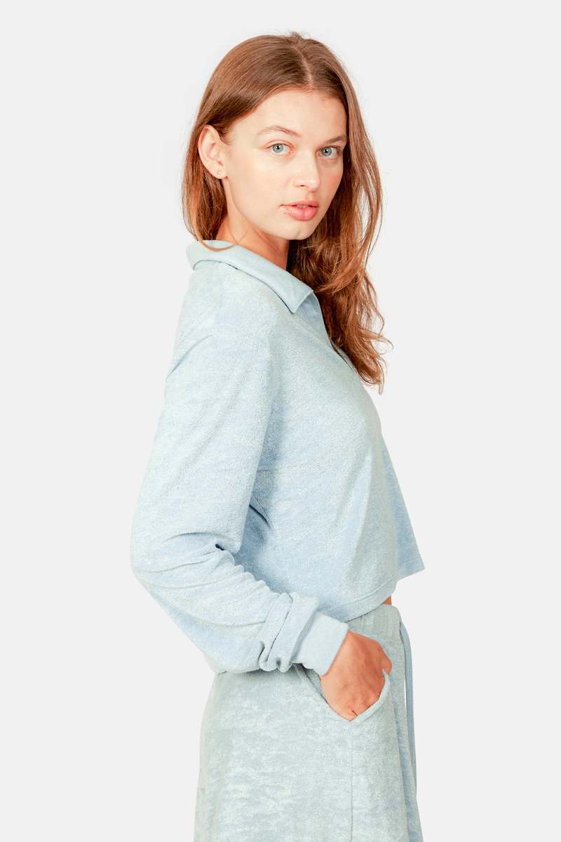 Blue&Cream Charlie Cropped Long Sleeve Polo - Ocean Blue