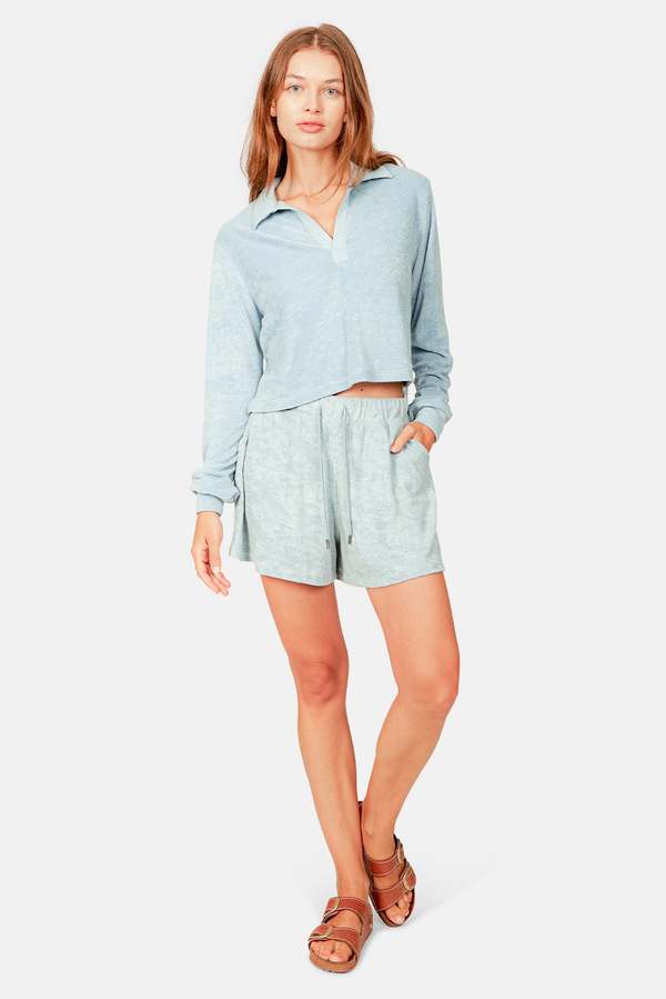 Blue&Cream Charlie Cropped Long Sleeve Polo - Ocean Blue