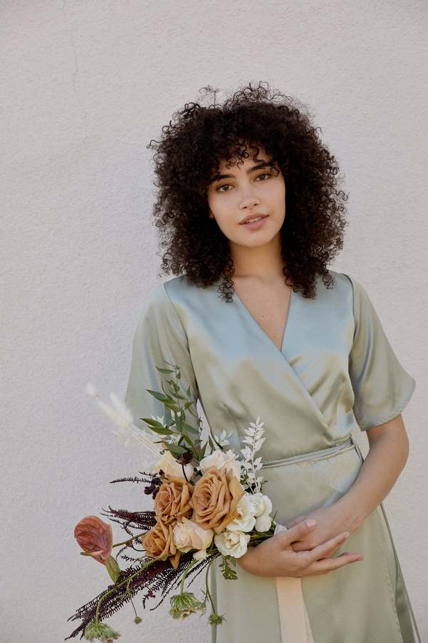 green emerald velvet dress Women's Midi Wrap Dress in Sage Green with Short Puff Sleeves main image 1