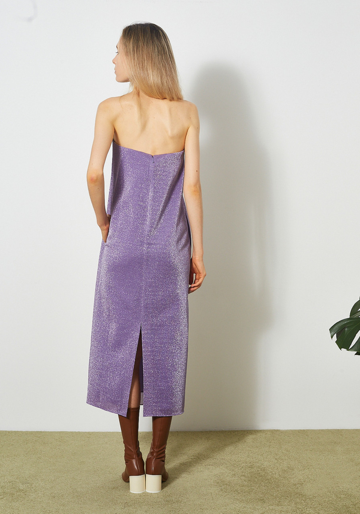 strapless open back dress Piroska Purple Pearl Trim Shawl Detail Maxi Dress (Final Sale)