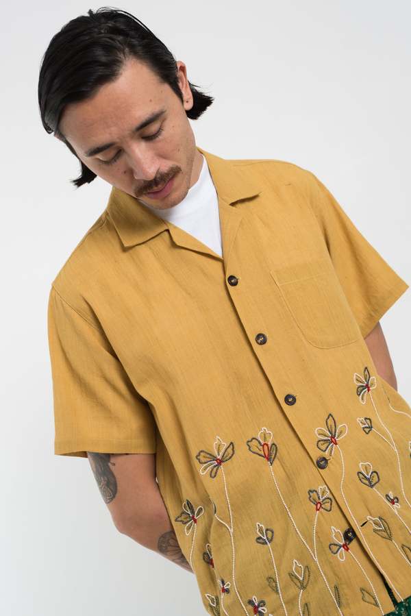 Karu Research Hand Embroidered Cotton Khadi Camp Shirt Yellow