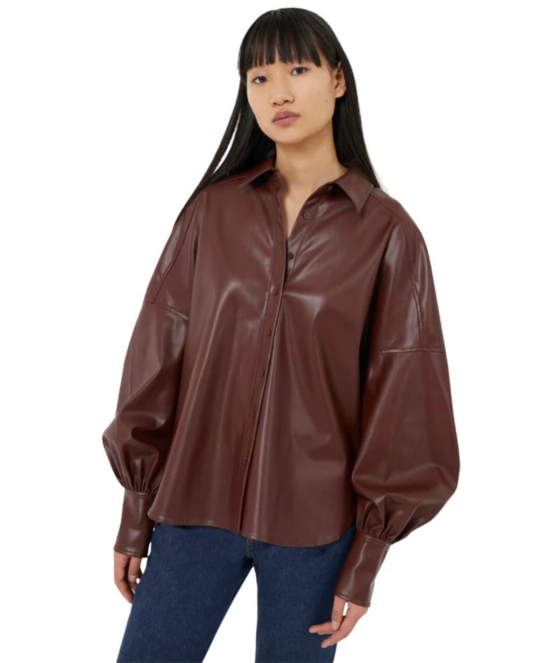French Connection Etta Vegan Leather Puff Sleeve Shirt Bitter