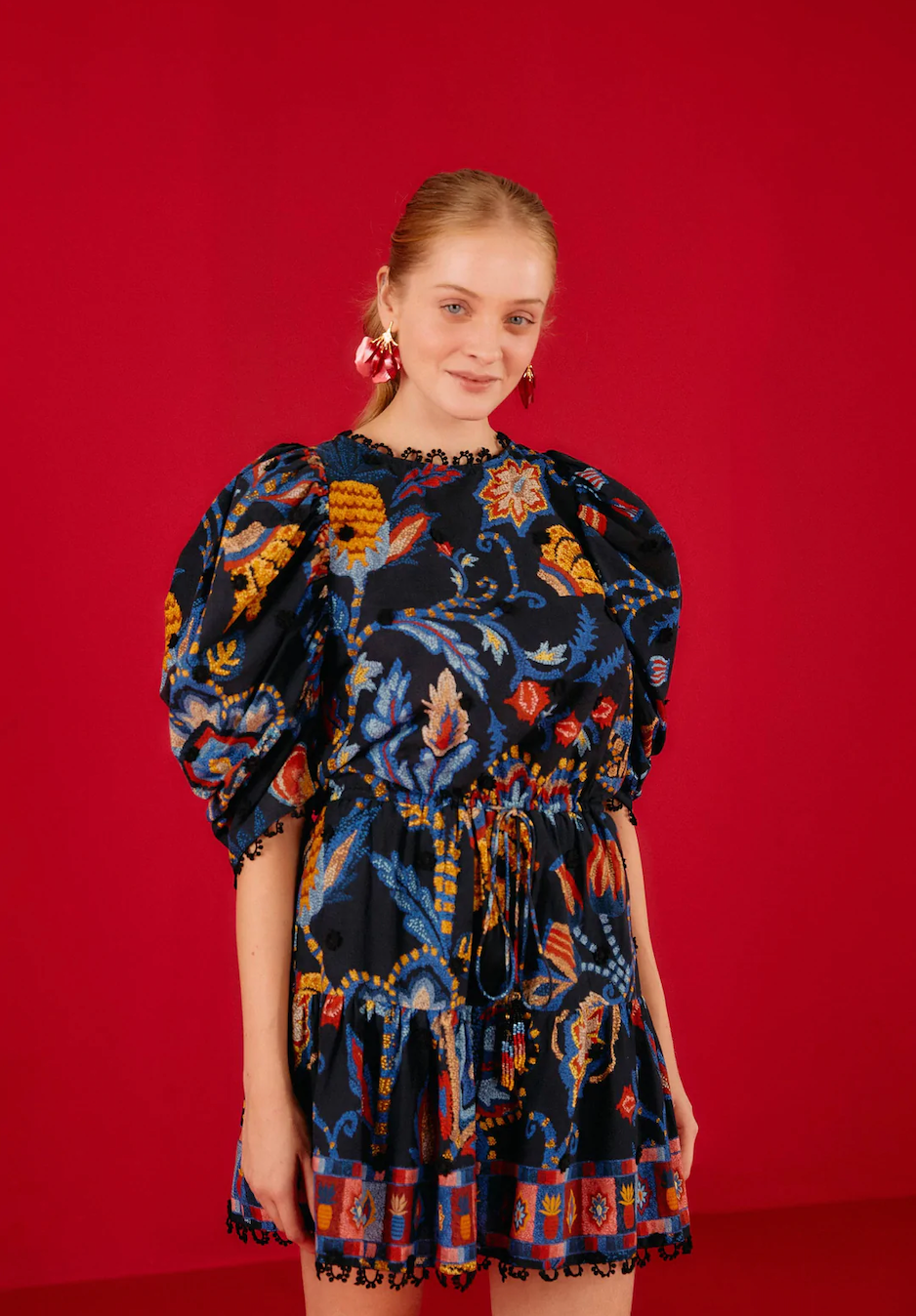 knee length dresses for ladies Farm Rio | Flora Tapestry Red Long Sleeve Mini Dress – main image 1