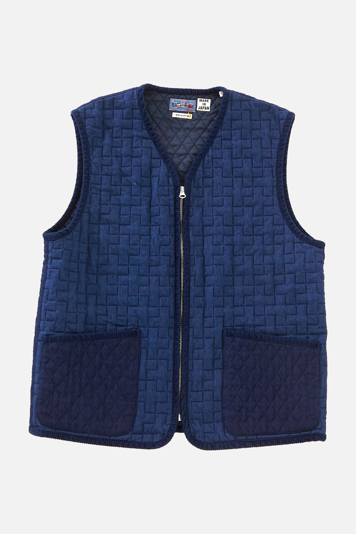 Blue Blue Japan Two Tone Quilt Zip Vest - Indigo 970