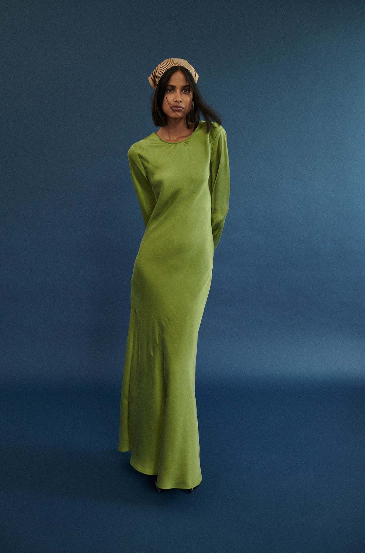 silk laundry green dress US FULL SLEEVE BIAS CALLA - style:metallic
