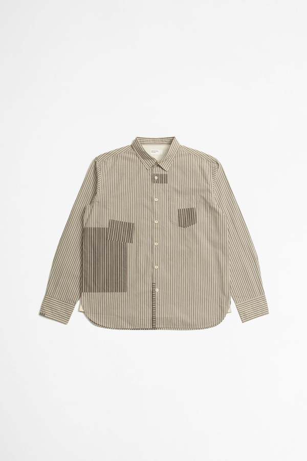 Universal Works Patched Shirt - Shibuya Stripe Ecru/Brown | Garmentory