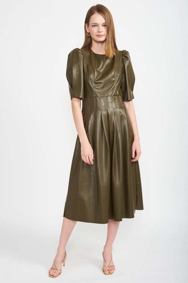 En Saison Vegan Leather Midi Dress - Olive on Garmentory