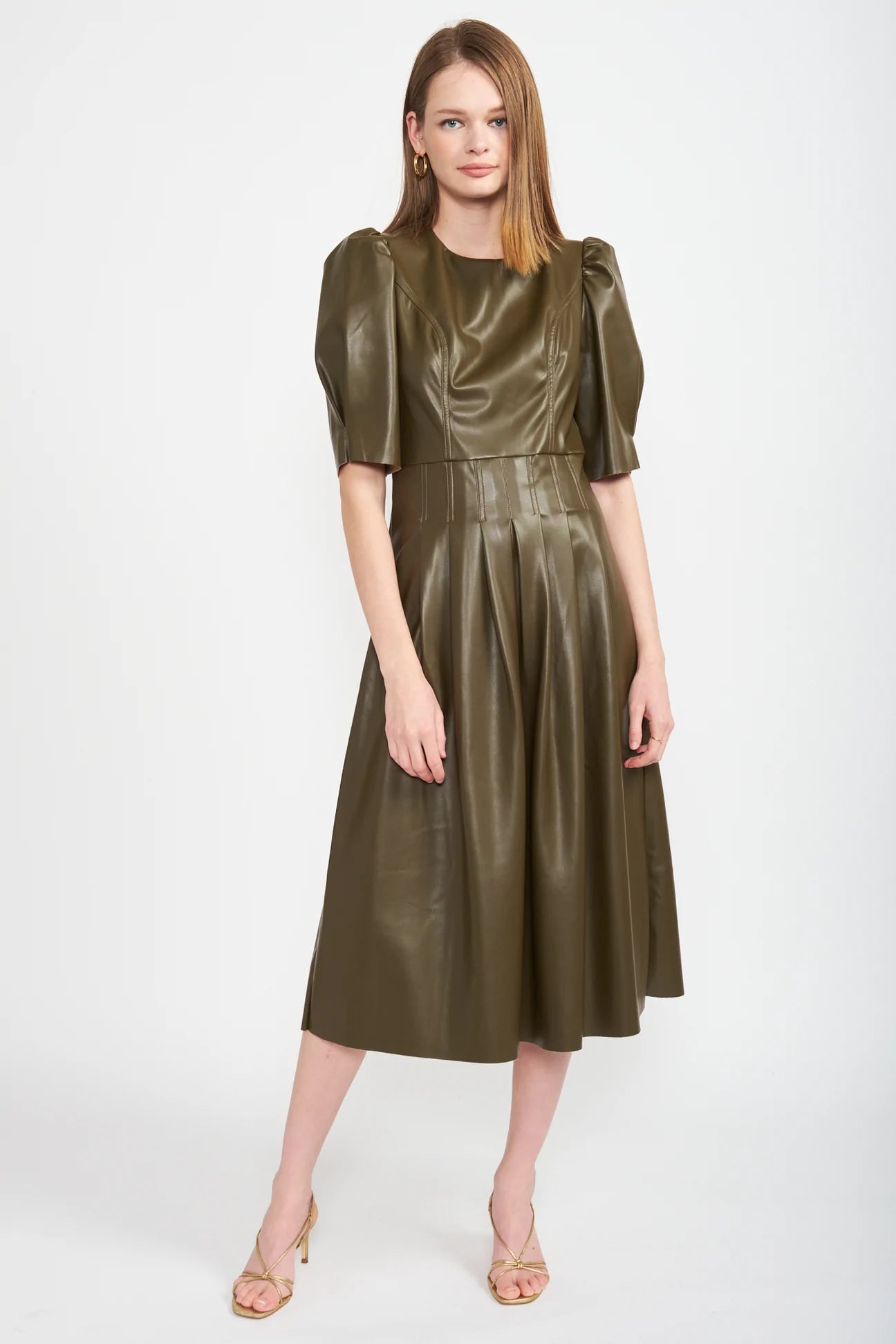 En Saison Vegan Leather Midi Dress - Olive En Saison Vegan Leather Midi Dress - Olive