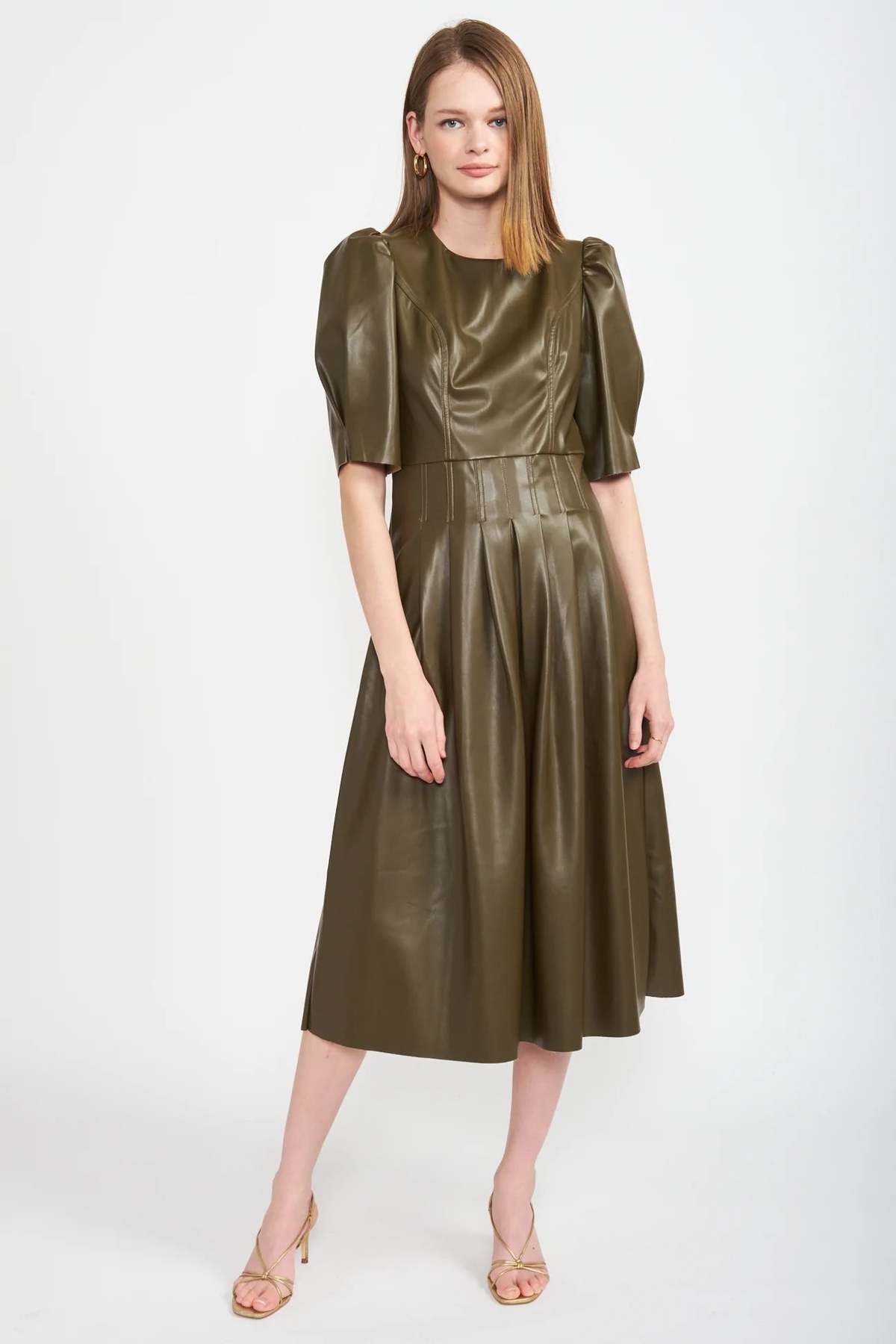 En Saison Vegan Leather Midi Dress - Olive | Garmentory En Saison Vegan Leather Midi Dress - Olive | Garmentory