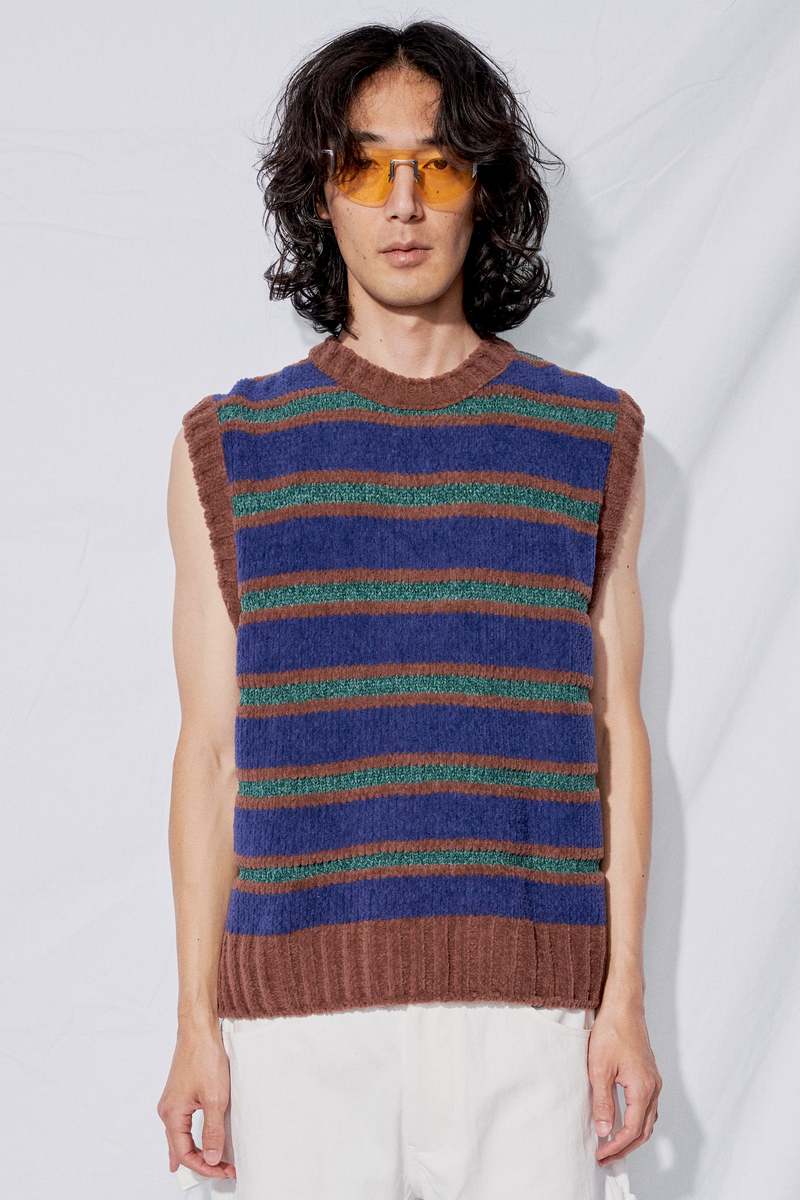 AMOMENTO Velvety Striped Vest - Blue/Green Stripe | Garmentory