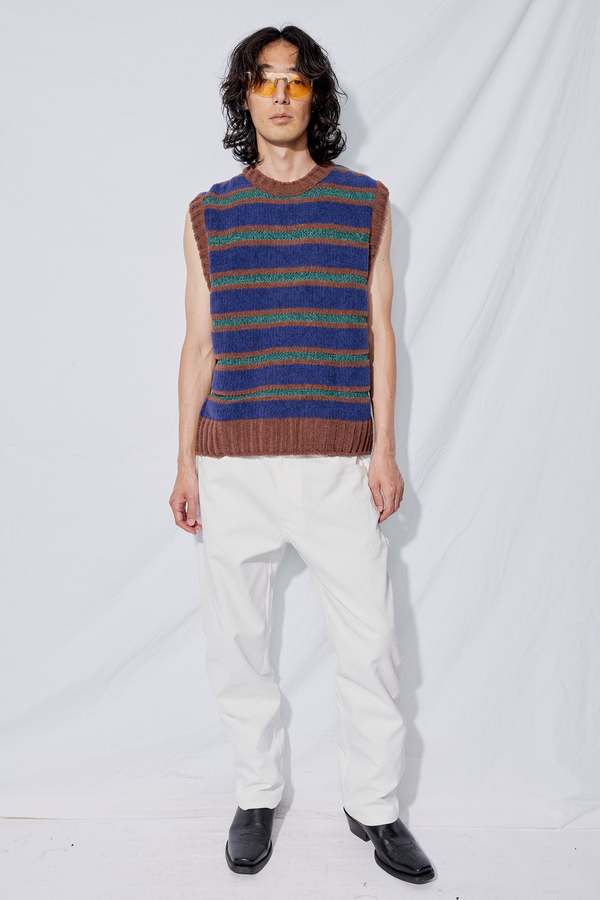 AMOMENTO Velvety Striped Vest - Blue/Green Stripe | Garmentory