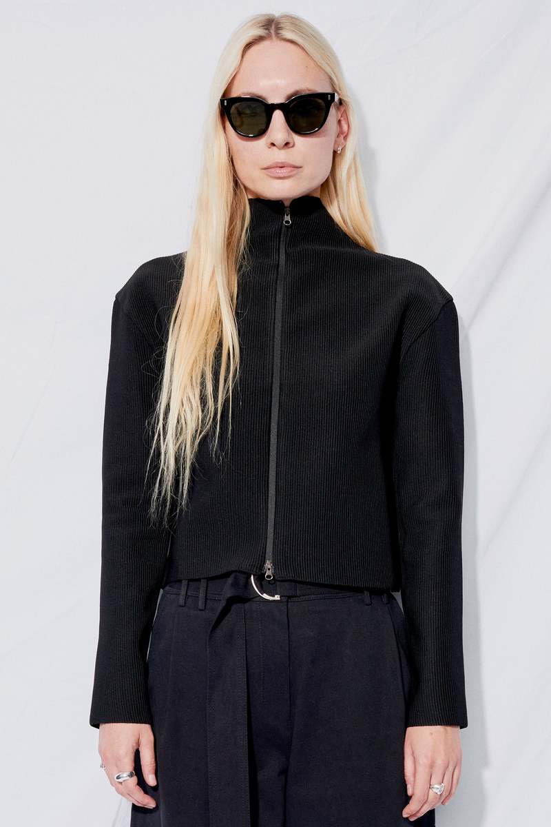 AMOMENTO Mock Neck Zip Up Cardigan - Black | Garmentory