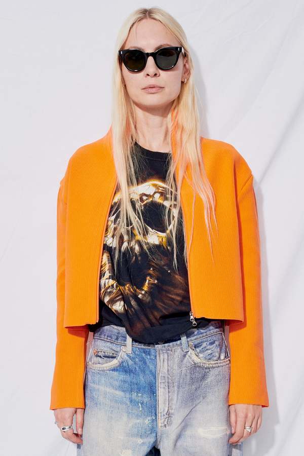 AMOMENTO Mock Neck Zip Up Cardigan - Orange | Garmentory