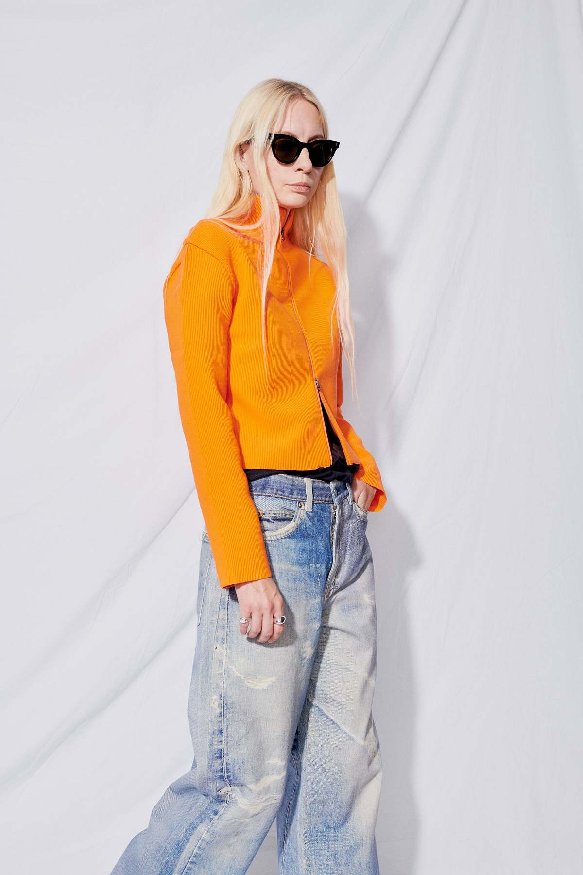 AMOMENTO Mock Neck Zip Up Cardigan - Orange | Garmentory