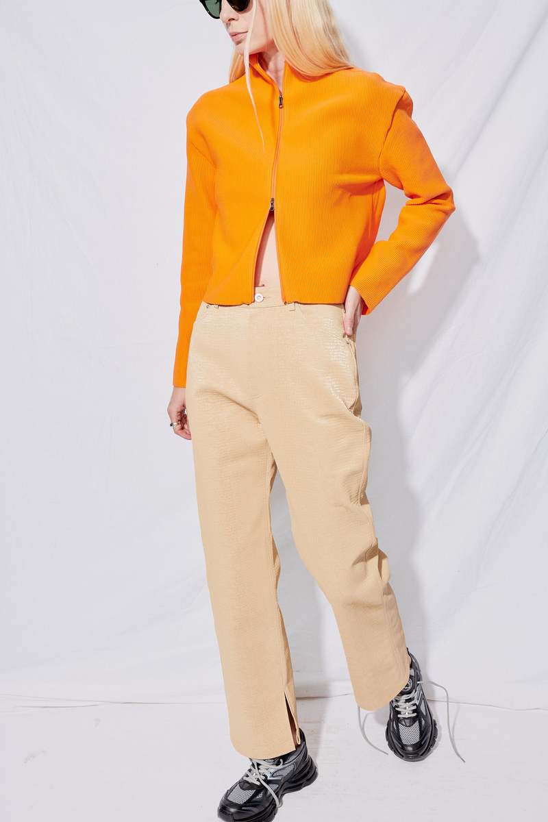 AMOMENTO Mock Neck Zip Up Cardigan - Orange | Garmentory