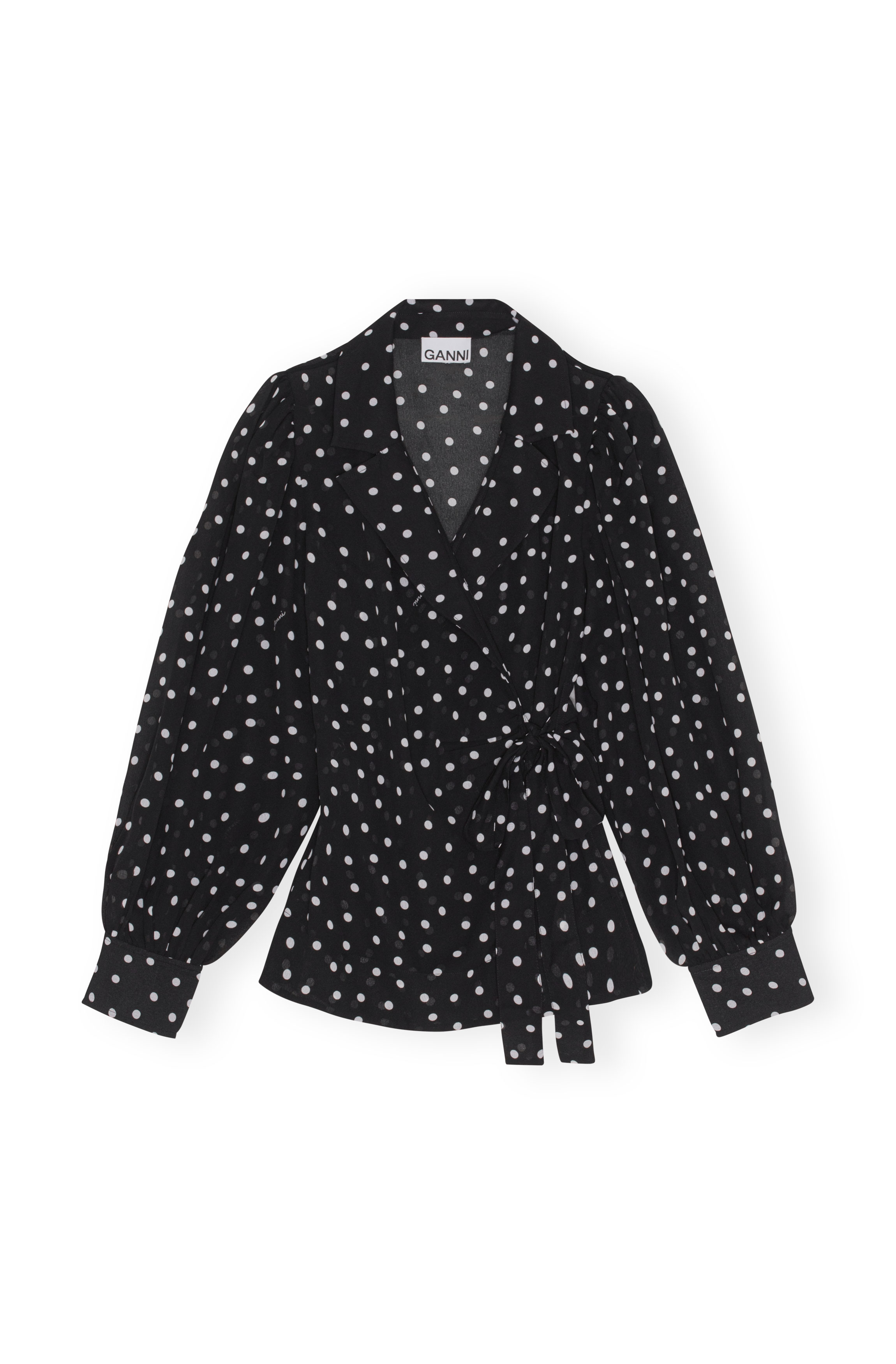 Ganni Printed Light Crepe Wrap Shirt - Black | Garmentory