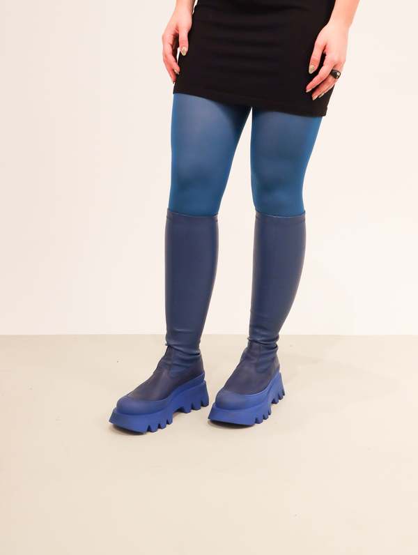 Blue Denim Chunky Knee High Boots