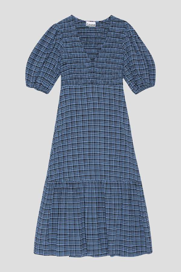 ganni ruffled seersucker midi dress Ganni + Checked seersucker midi dress