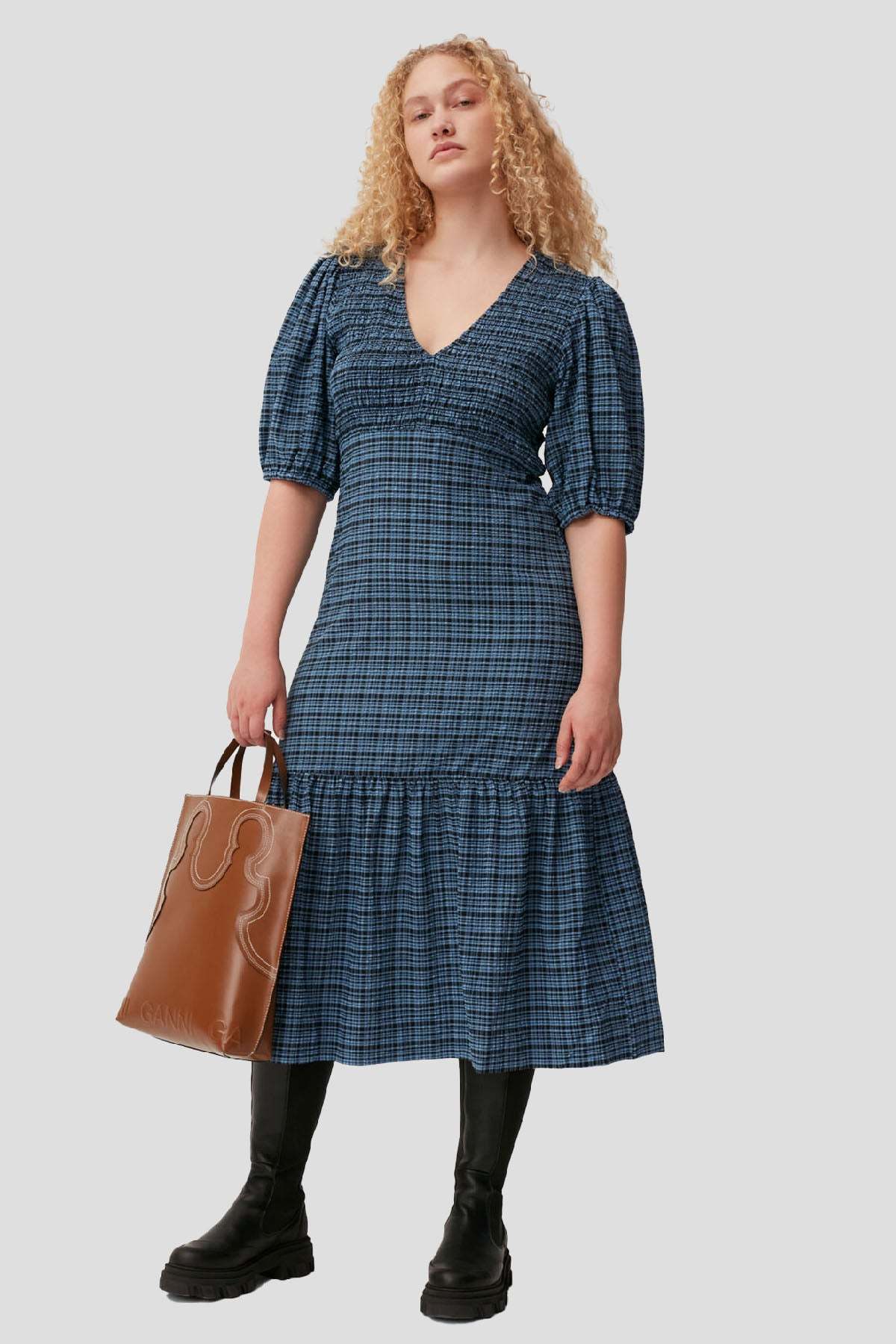 Ganni Stretch Seersucker Smock Dress - Mini Check Granada