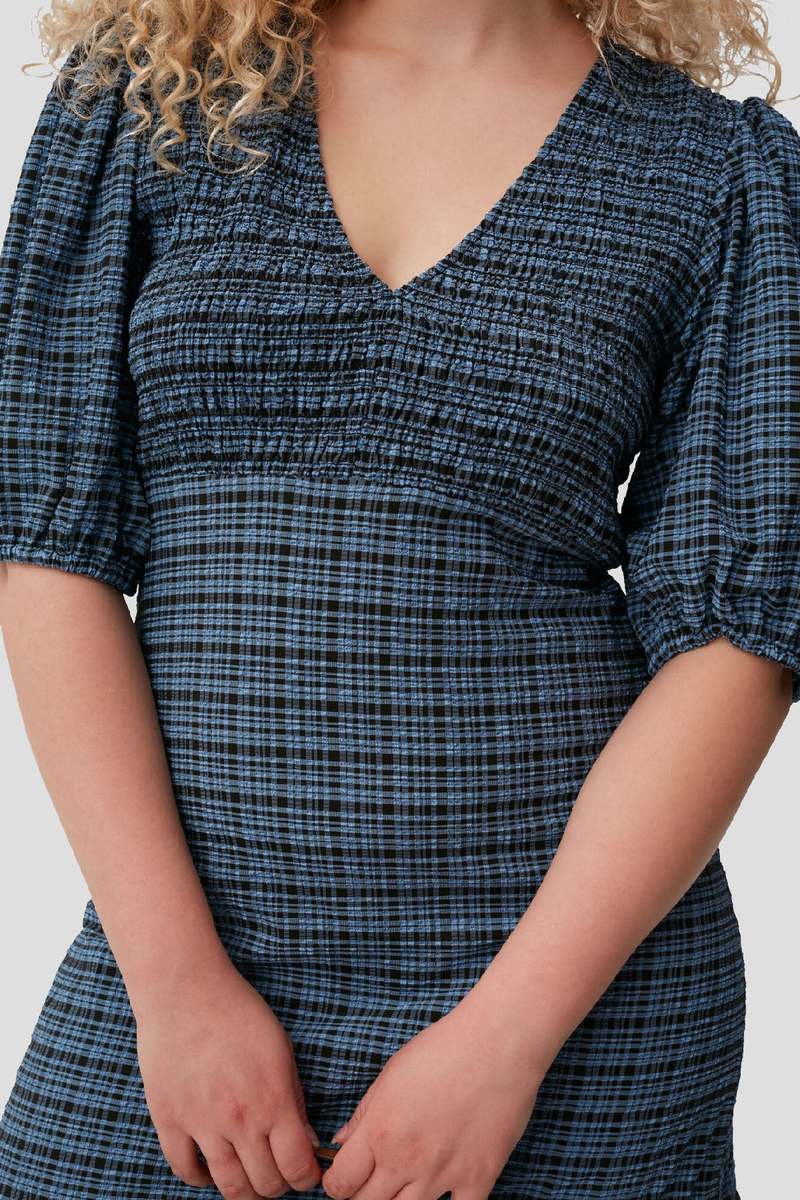 ★Ganni★ Stretch seersucker smoke mini one piece chicory co Soft Chambray Blue Seersucker Check Mini Smock Dress | GANNI US