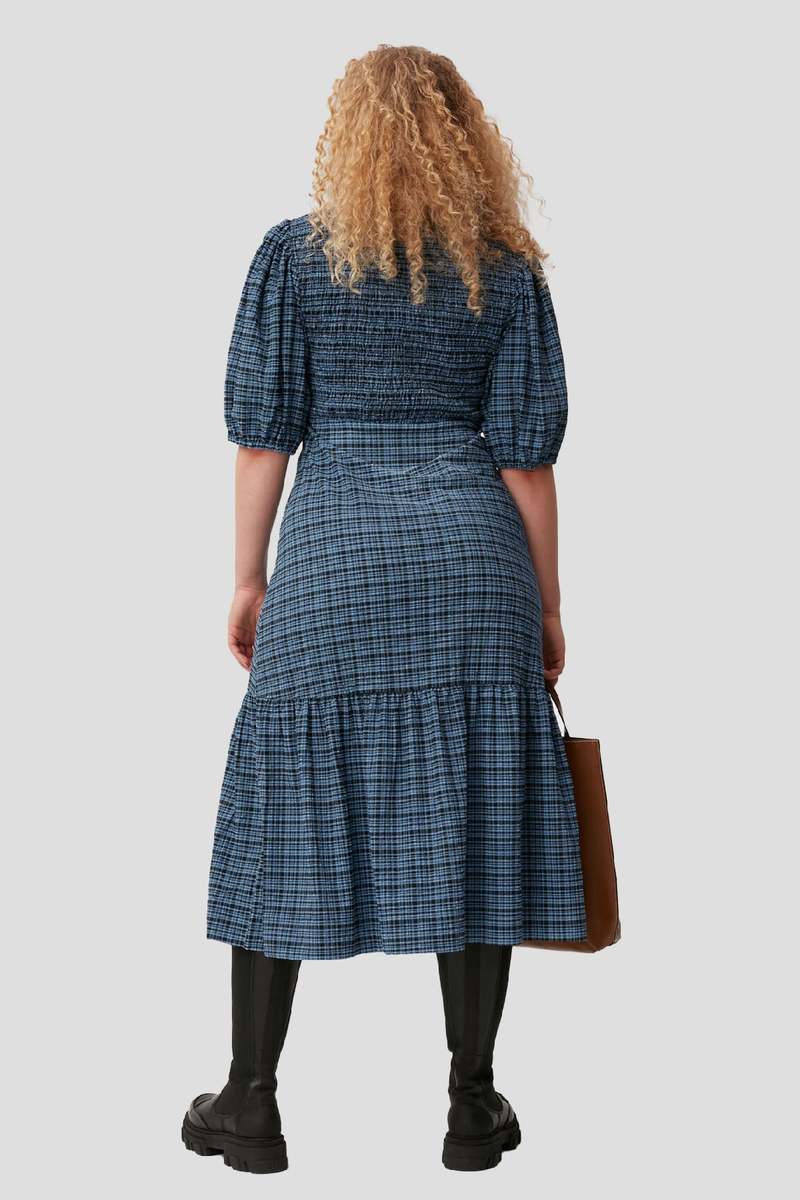 【GANNI】Stretch Seersucker Smoke Mini Dress/全国送料込み Ganni Stretch Seersucker Smock Dress - Mini Check Granada