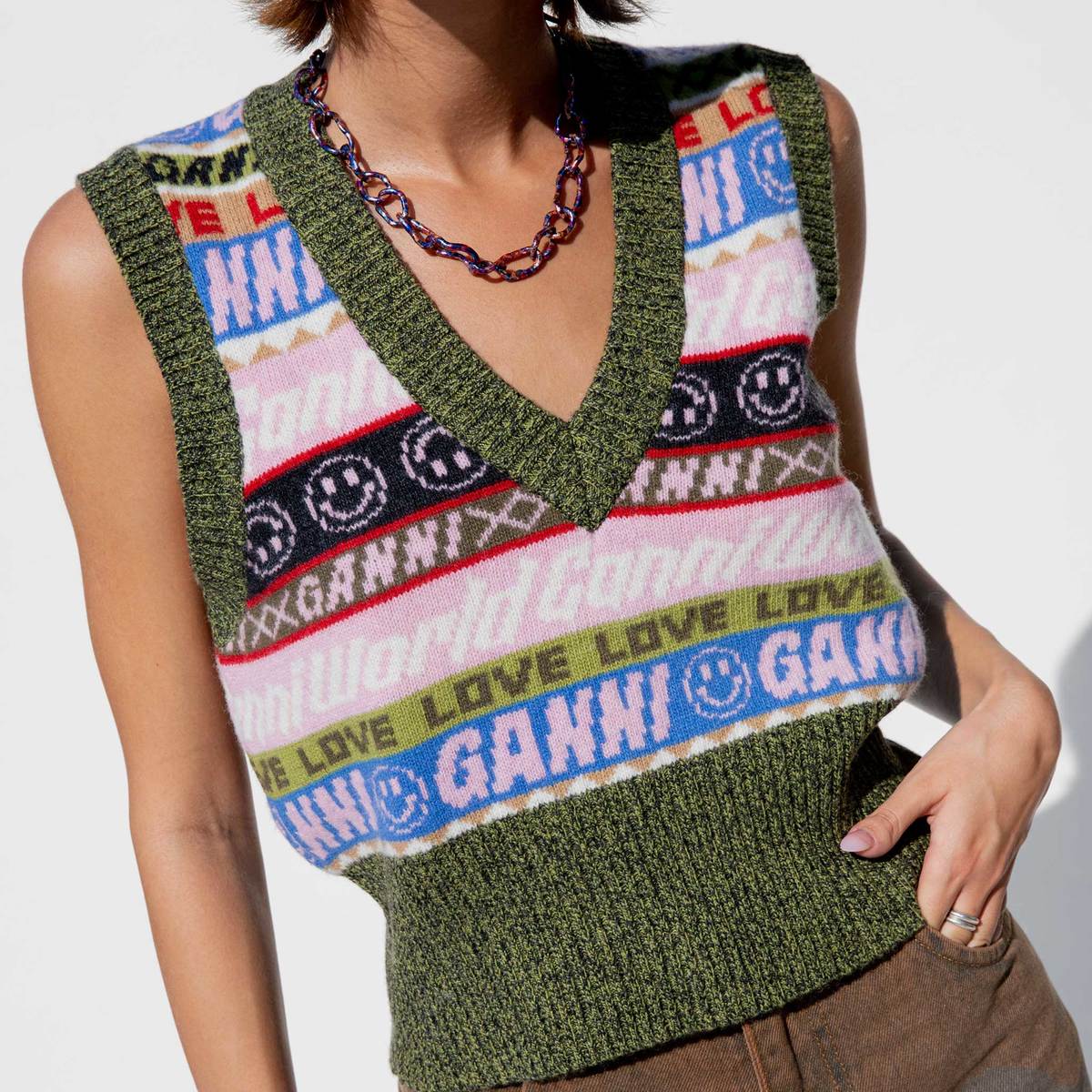 Ganni Graphic V-Neck Vest - Multi | Garmentory