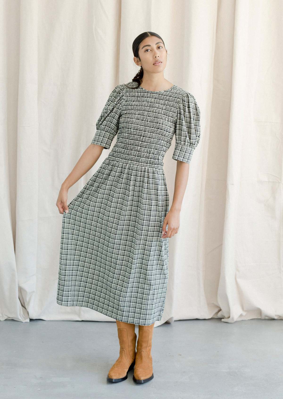 white christmas dresses Ganni Seersucker Blue Check Cotton-Blend Shirred Midi Dress main image 0