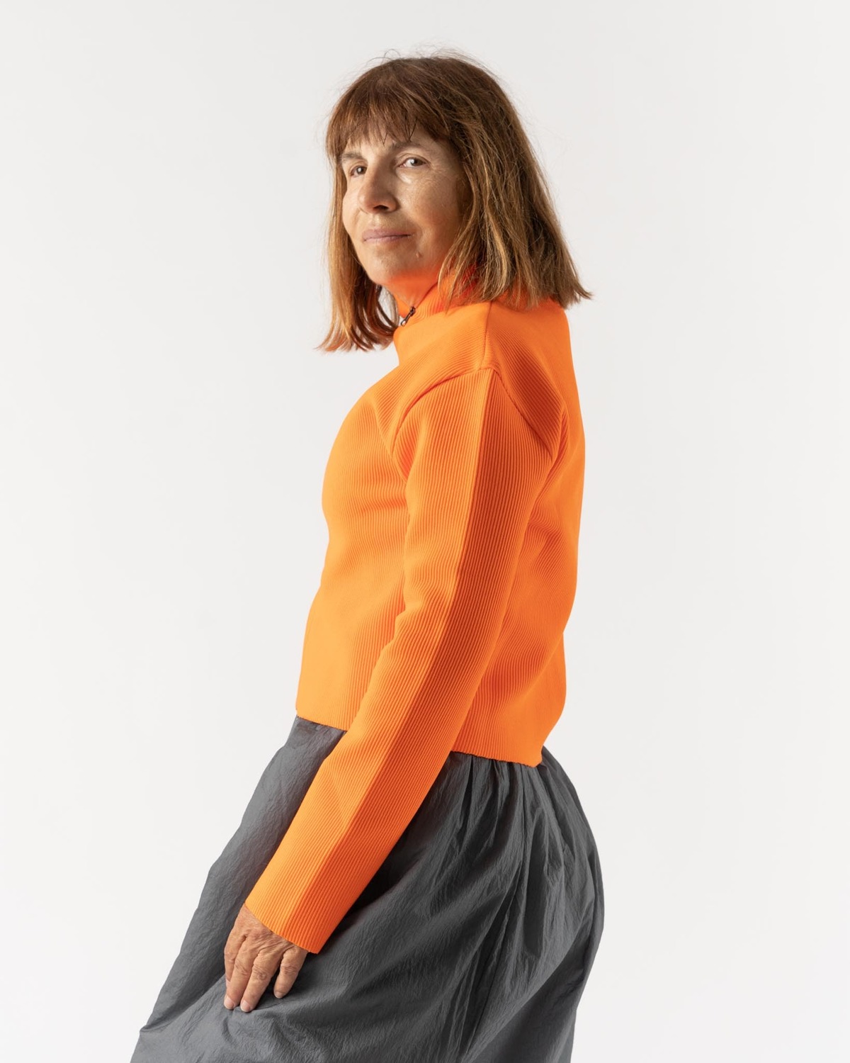 Amomento Mock Neck Zip-Up Cardigan in Orange | Garmentory